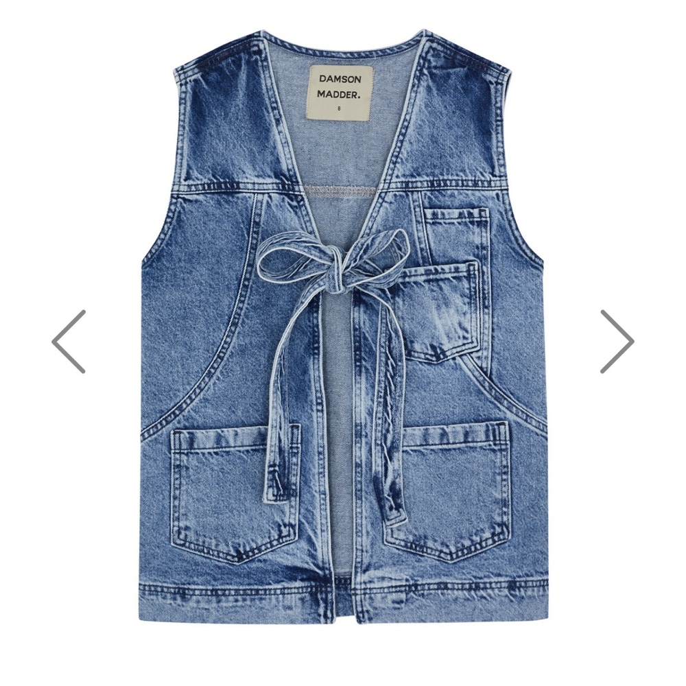 Damson Madder Denim tie front vest . Dilly Denim Gilet